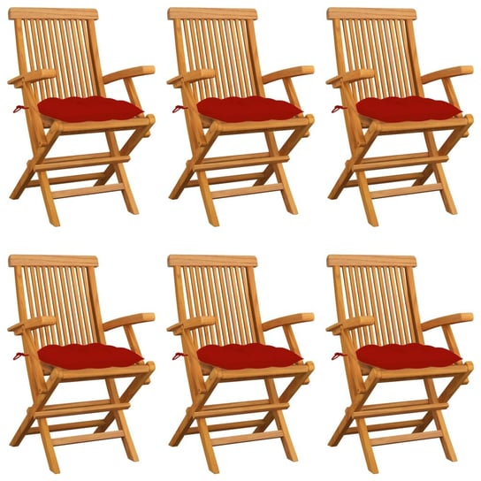 Krzesła ogrodowe, czerwone poduszki, 6 szt., drewno tekowe vidaXL