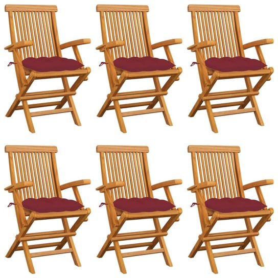 Krzesła ogrodowe, czerwone poduszki, 6 szt., drewno tekowe vidaXL
