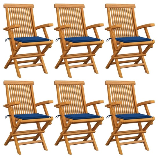 Krzesła ogrodowe, kobaltowe poduszki, 6 szt., drewno tekowe vidaXL