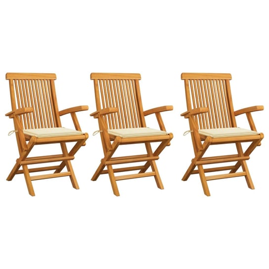 Krzesła ogrodowe, kremowe poduszki, 3 szt., lite drewno tekowe vidaXL