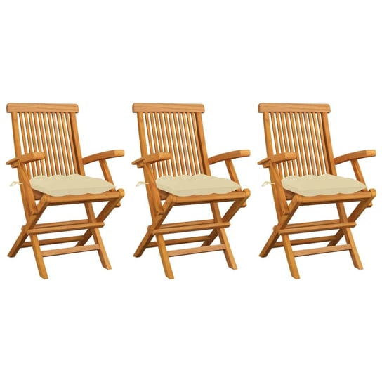 Krzesła ogrodowe, kremowe poduszki, 3 szt., lite drewno tekowe vidaXL