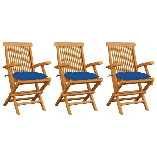 Krzesła ogrodowe, niebieskie poduszki, 3 szt., drewno tekowe vidaXL