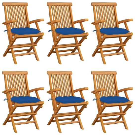 Krzesła ogrodowe, niebieskie poduszki, 6 szt., drewno tekowe vidaXL