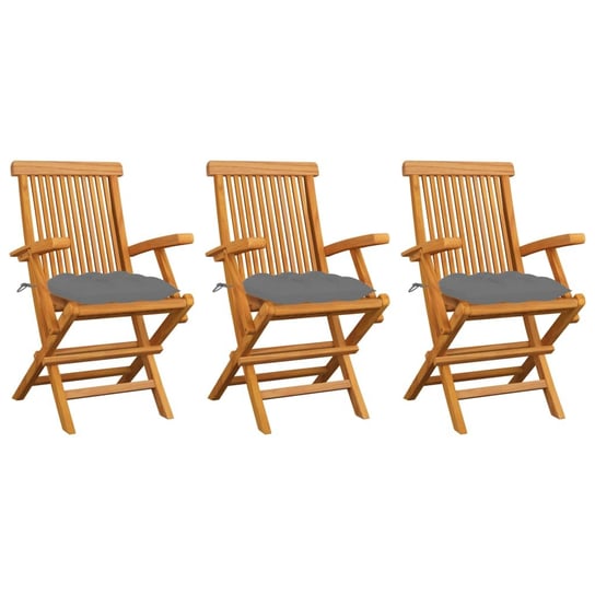 Krzesła ogrodowe, szare poduszki, 3 szt., lite drewno tekowe vidaXL
