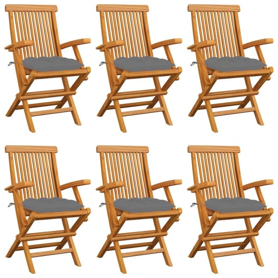Krzesła ogrodowe, szare poduszki, 6 szt., drewno tekowe vidaXL
