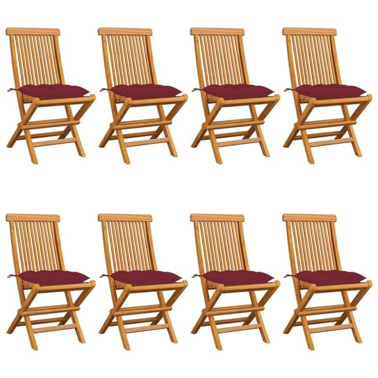 Krzesła ogrodowe z bordowymi poduszkami, 8 szt., drewno tekowe vidaXL