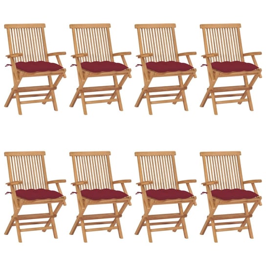 Krzesła ogrodowe z bordowymi poduszkami, 8 szt., drewno tekowe vidaXL