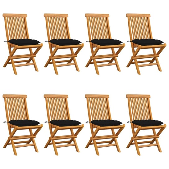 Krzesła ogrodowe z czarnymi poduszkami, 8 szt., drewno tekowe vidaXL