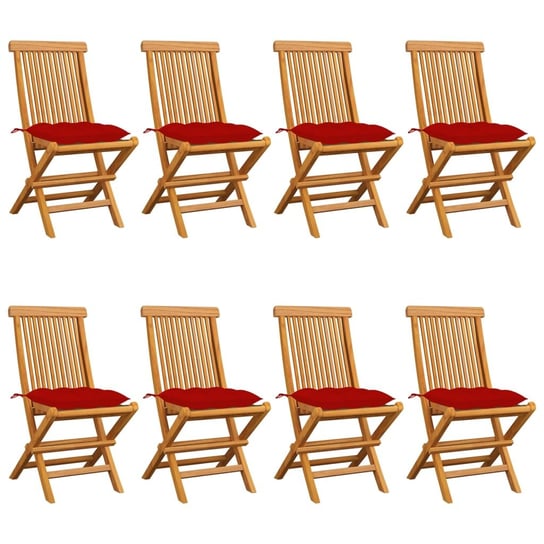 Krzesła ogrodowe z czerwonymi poduszkami, 8 szt., drewno tekowe vidaXL