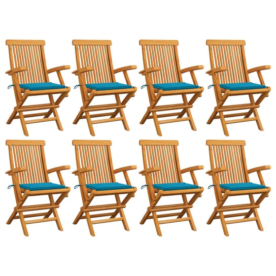 Krzesła ogrodowe z niebieskimi poduszkami, 8 szt., tekowe vidaXL