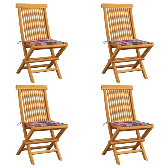 Krzesła ogrodowe z poduszkami w czerwoną kratę, 4 szt., tekowe vidaXL