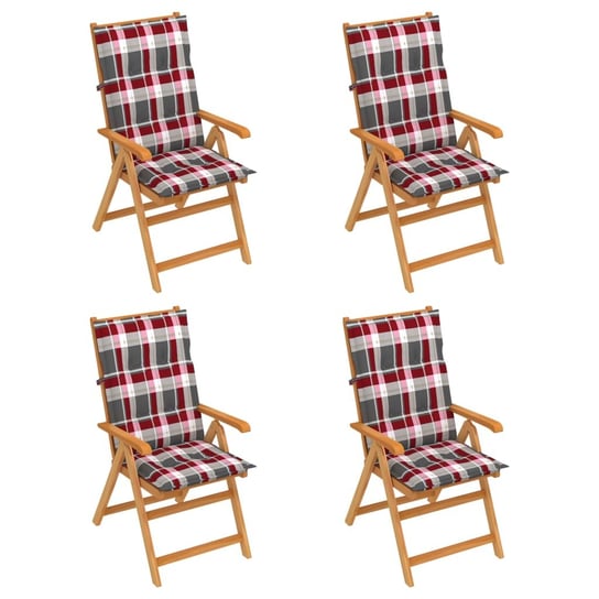 Krzesła ogrodowe z poduszkami w czerwoną kratkę, 4 szt., tekowe vidaXL