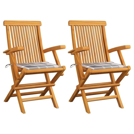 Krzesła ogrodowe z poduszkami w szarą kratę, 2 szt., tekowe vidaXL