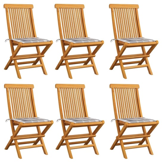 Krzesła ogrodowe z poduszkami w szarą kratę, 6 szt., tekowe vidaXL