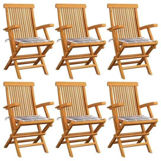 Krzesła ogrodowe z poduszkami w szarą kratę, 6 szt., tekowe vidaXL