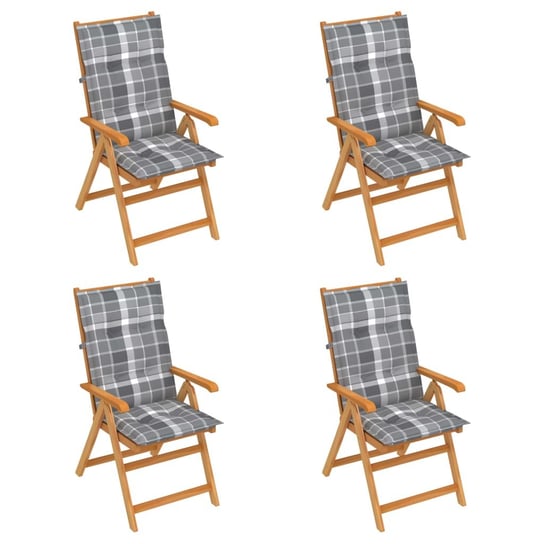 Krzesła ogrodowe z poduszkami w szarą kratkę, 4 szt., tekowe vidaXL