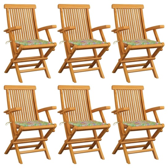 Krzesła ogrodowe z poduszkami we wzór w liście, 6 szt., tekowe vidaXL