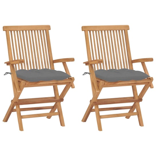 Krzesła ogrodowe z szarymi poduszkami, 2 szt., drewno tekowe vidaXL