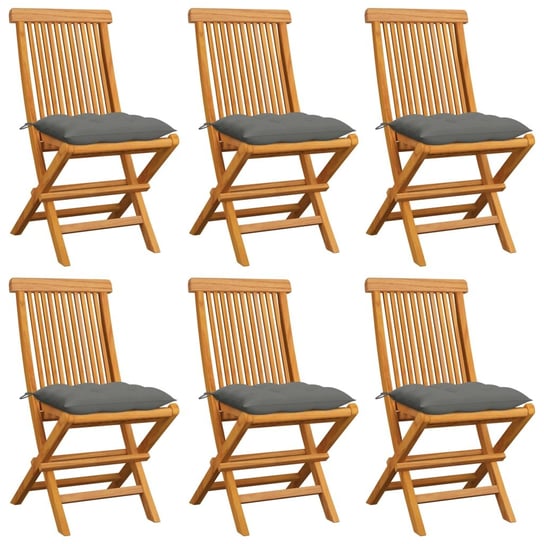 Krzesła ogrodowe z szarymi poduszkami, 6 szt., drewno tekowe vidaXL