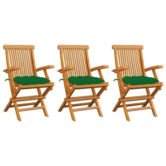 Krzesła ogrodowe, zielone poduszki, 3 szt., lite drewno tekowe vidaXL
