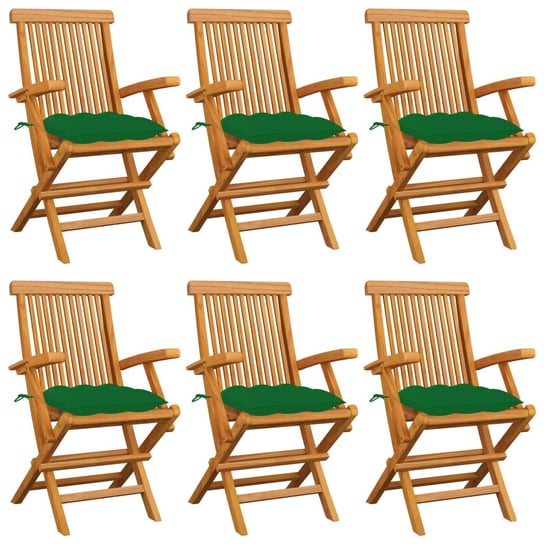 Krzesła ogrodowe, zielone poduszki, 6 szt., drewno tekowe vidaXL