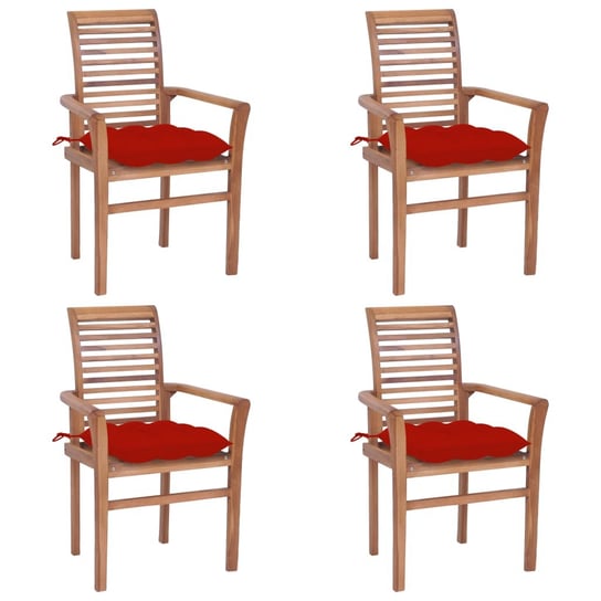 Krzesła stołowe, 4 szt., czerwone poduszki, drewno tekowe vidaXL