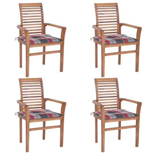 Krzesła stołowe, 4 szt., poduszki w czerwoną kratę, tekowe vidaXL