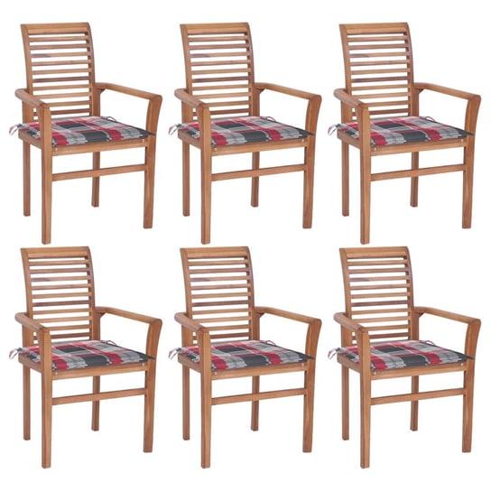 Krzesła stołowe z poduszkami w czerwoną kratę, 6 szt., tekowe vidaXL