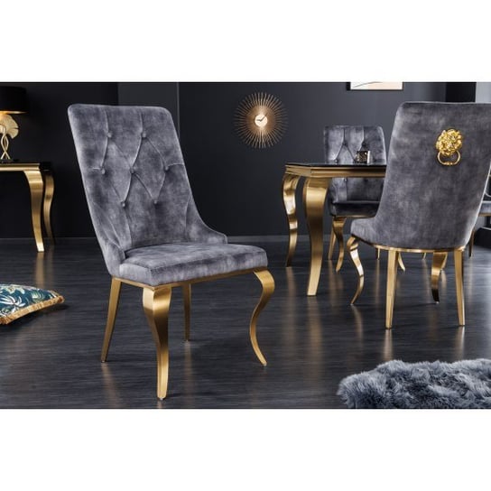 Krzesło nowoczesne barokowe szare z głową lwa złoty 42318 Invicta Interior