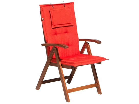 Krzesło ogrodowe BELIANI Toscana, ciemne drewno/jasnoczerwona poducha, 105x54x68,5 cm Beliani