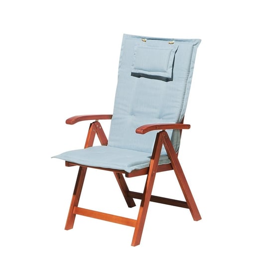 Krzesło ogrodowe BELIANI Toscana, ciemne drewno/jasnoniebieska poducha, 105x54x68,5 cm Beliani