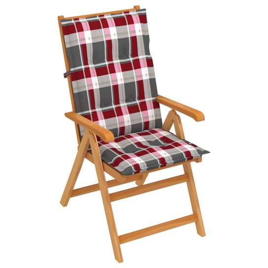 Krzesło ogrodowe z poduszkami w czerwoną kratkę, drewno tekowe vidaXL
