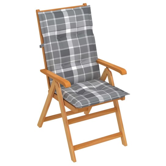 Krzesło ogrodowe z poduszkami w szarą kratkę, drewno tekowe vidaXL
