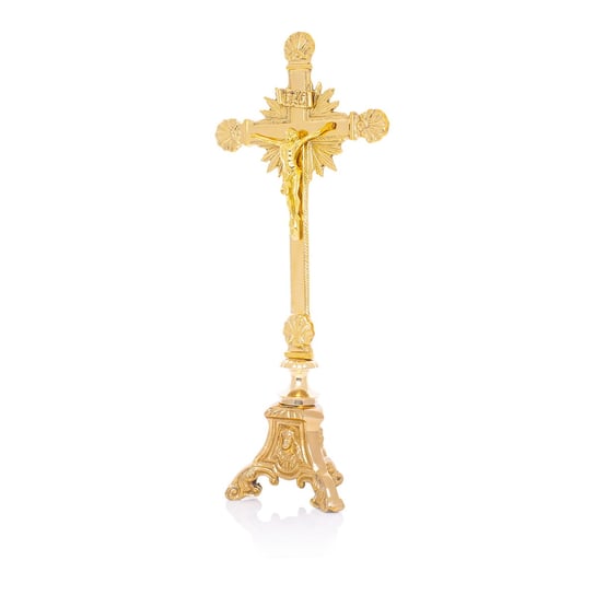 Krzyż ołtarzowy Krycyfiks na ołtarz kościelny Chrystus mosiężny krzyż PIĘKNY krzyż do Kościoła Kaplicy Domu stojący Krucyfiks mosiądz wyposażenie kościoła z mosiądzu Święte Miasto