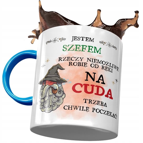 Kubek Błękitny Dla Szefa Na Cuda Trzeba Poczekać z Nadrukiem ze Zdjęciem + Opakowanie na prezent (wzór 01) PoliDraw
