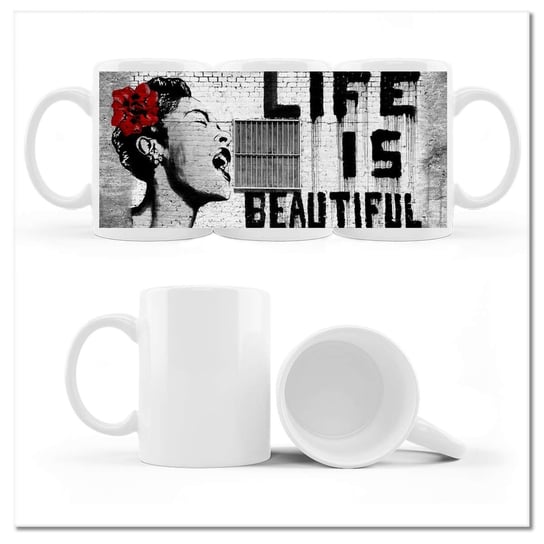 Kubek ceramiczny, Banksy Life is Beautiful, 330 ml, ZeSmakiem, biały ZeSmakiem