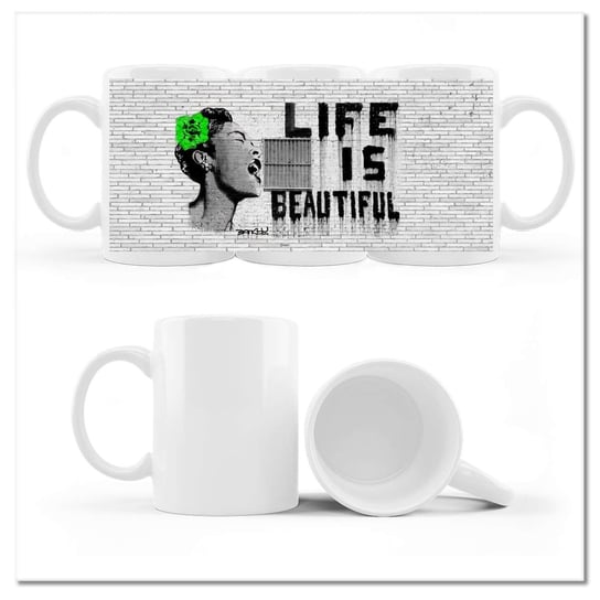 Kubek ceramiczny, Banksy Life is beautiful, 330 ml, ZeSmakiem, biały ZeSmakiem