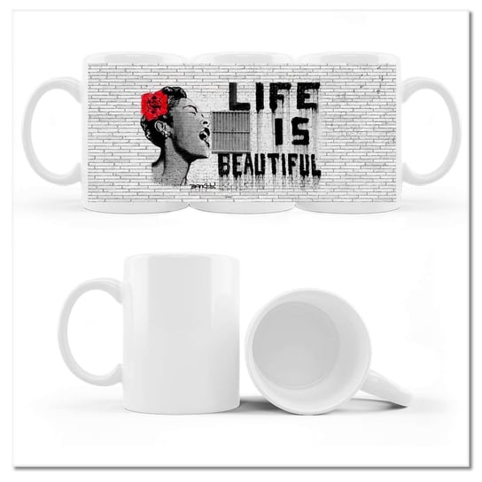Kubek ceramiczny, Banksy Life is beautiful, 330 ml, ZeSmakiem, biały ZeSmakiem