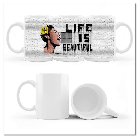 Kubek ceramiczny, Banksy Life is beautiful, 330 ml, ZeSmakiem, biały ZeSmakiem