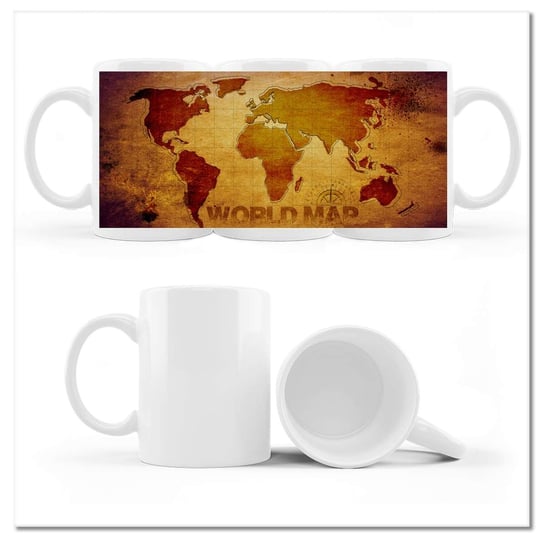 Kubek ceramiczny, Brązowa Mapa świata, 330 ml, ZeSmakiem, biały ZeSmakiem