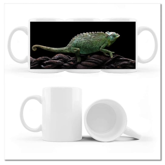 Kubek ceramiczny, Długi zielony kameleon, 330 ml, ZeSmakiem, biały ZeSmakiem