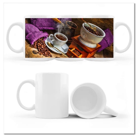 Kubek ceramiczny, Fioletowe worki z kawą, 330 ml, ZeSmakiem, biały ZeSmakiem