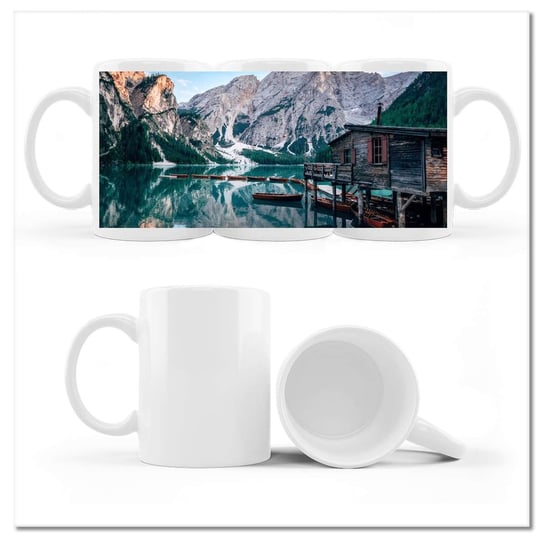 Kubek ceramiczny, Górskie jezioro i domek, 330 ml, ZeSmakiem, biały ZeSmakiem