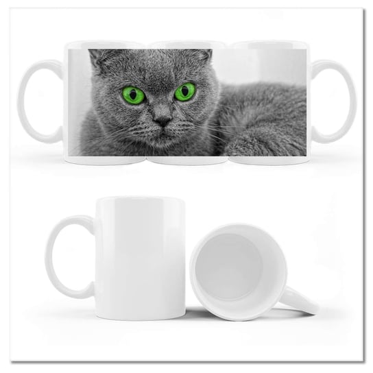 Kubek ceramiczny, Kot z zielonymi oczami, 330 ml, ZeSmakiem, biały ZeSmakiem