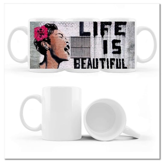 Kubek ceramiczny, Life is Beautiful Banksy, 330 ml, ZeSmakiem, biały ZeSmakiem