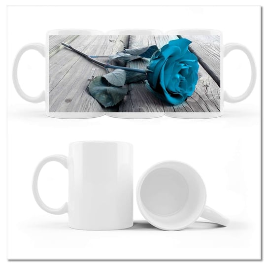 Kubek ceramiczny, Niebieska róża na deskach, 330 ml, ZeSmakiem, biały ZeSmakiem