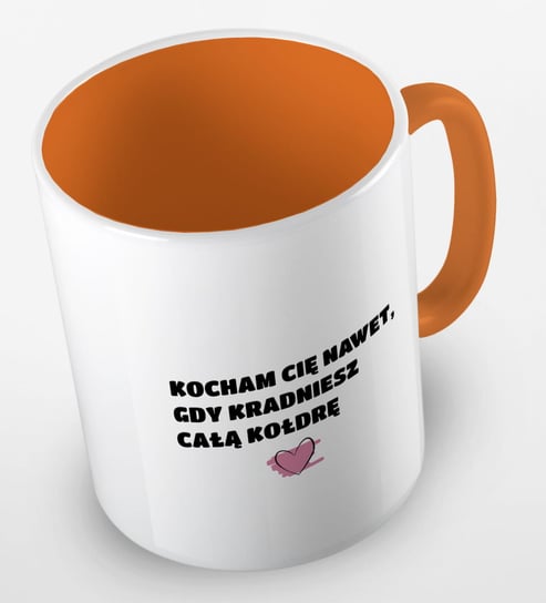Kubek ceramiczny z grafiką kocham cię nawet gdy kradniesz całą kołdrę, walentynki, Fotobloki&Decor, pomarańczowy Fotobloki & Decor