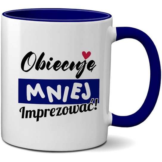 Kubek ceramiczny z granatowym wnętrzem i uszkiem - Obiecuję mniej imprezować, CupCup.pl CupCup.pl