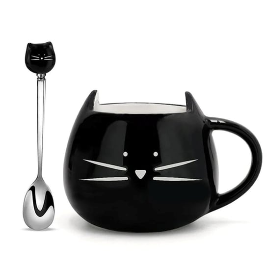 Kubek Ceramiczny Z Kotem Czarny Kot 400 ml Duży Pojemny + Łyżeczka Emes