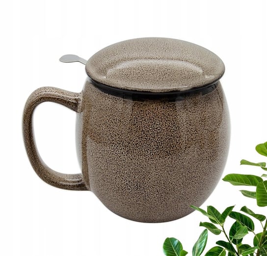 KUBEK ceramiczny Z ZAPARZACZEM do herbaty kawy BARYŁKA 420 ml BRĄZOWY DUŻY BELLA FIORE